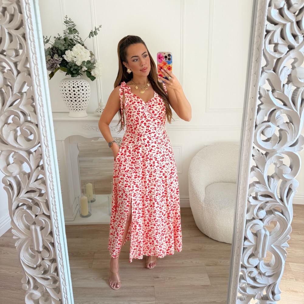 LONGUE ROBE FLEURIE BEIGE ROUGE LONGUE ROBE FLEURIE BEIGE ROUGE