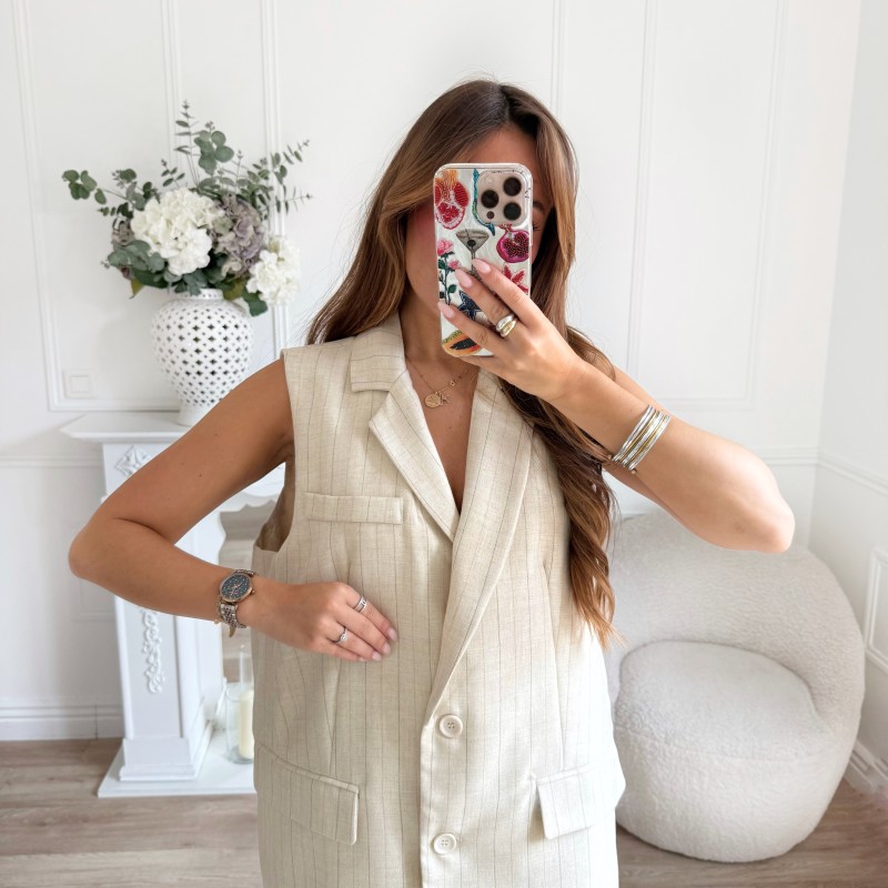 BLAZER SANS MANCHE OVERSIZE BEIGE RAYURES