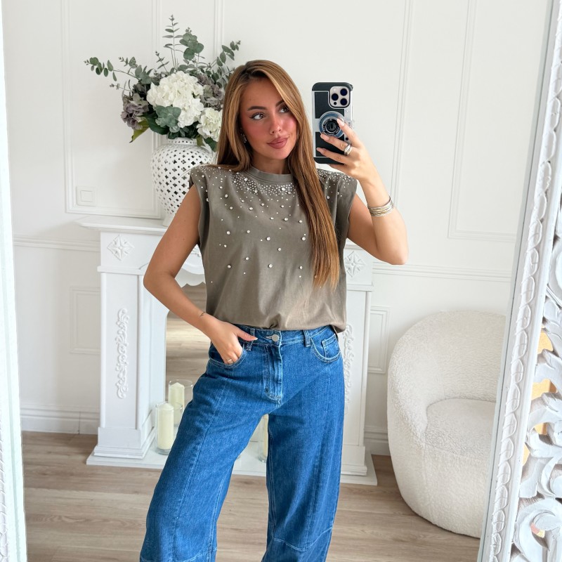 T SHIRT EPAULETTES STRASS TAUPE