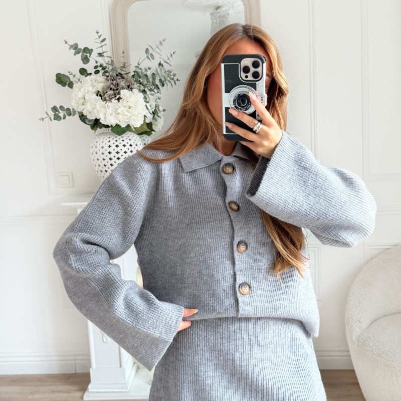 ENSEMBLE JUPE ET GILET GRIS CHINÉ