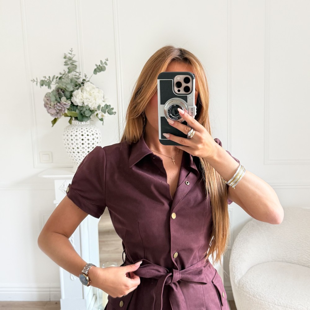 LONGUE ROBE CHEMISE DAIM PRUNE