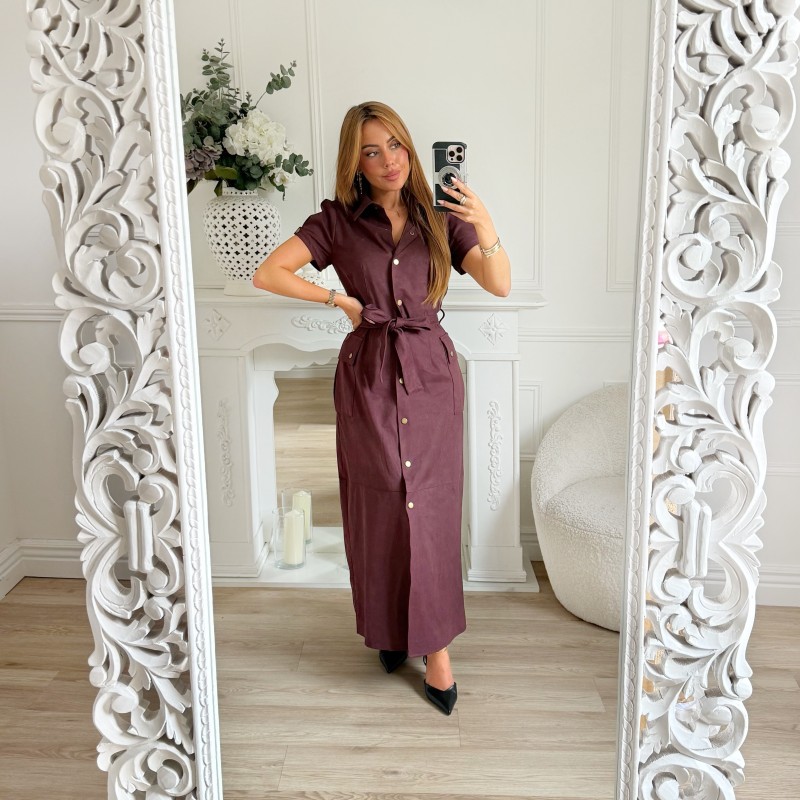 LONGUE ROBE CHEMISE DAIM PRUNE