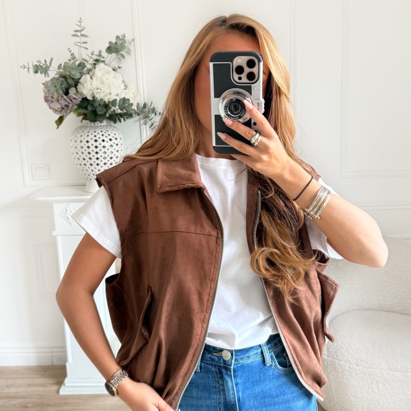 VESTE SANS MANCHE ZIP CAMEL SUEDINE