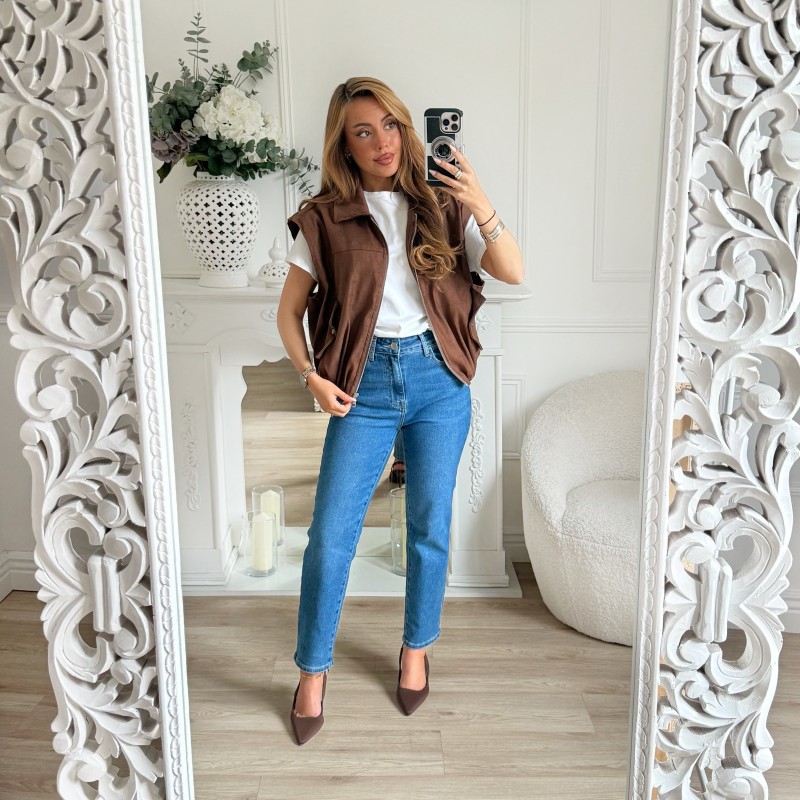 VESTE SANS MANCHE ZIP CAMEL SUEDINE