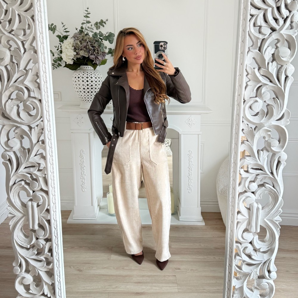 PANTALON BARREL VELOURS CRÊME AVEC CEINTURE