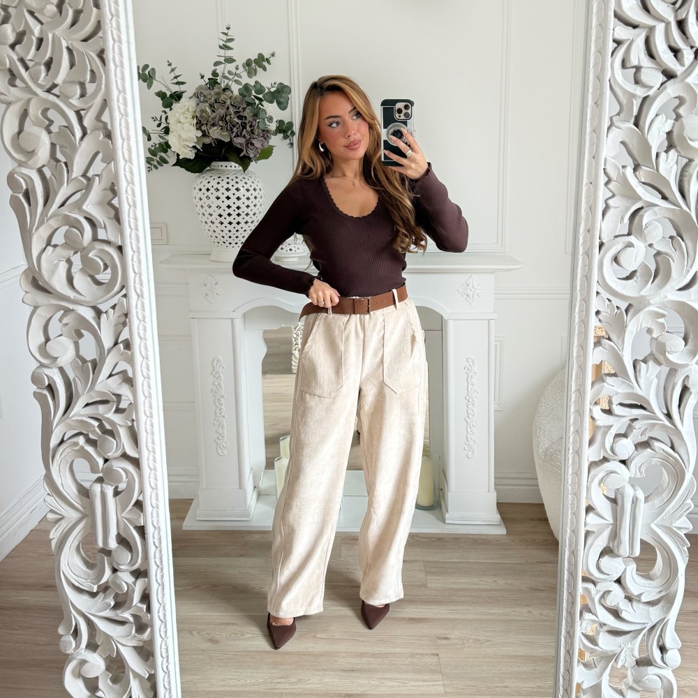 PANTALON BARREL VELOURS CRÊME AVEC CEINTURE