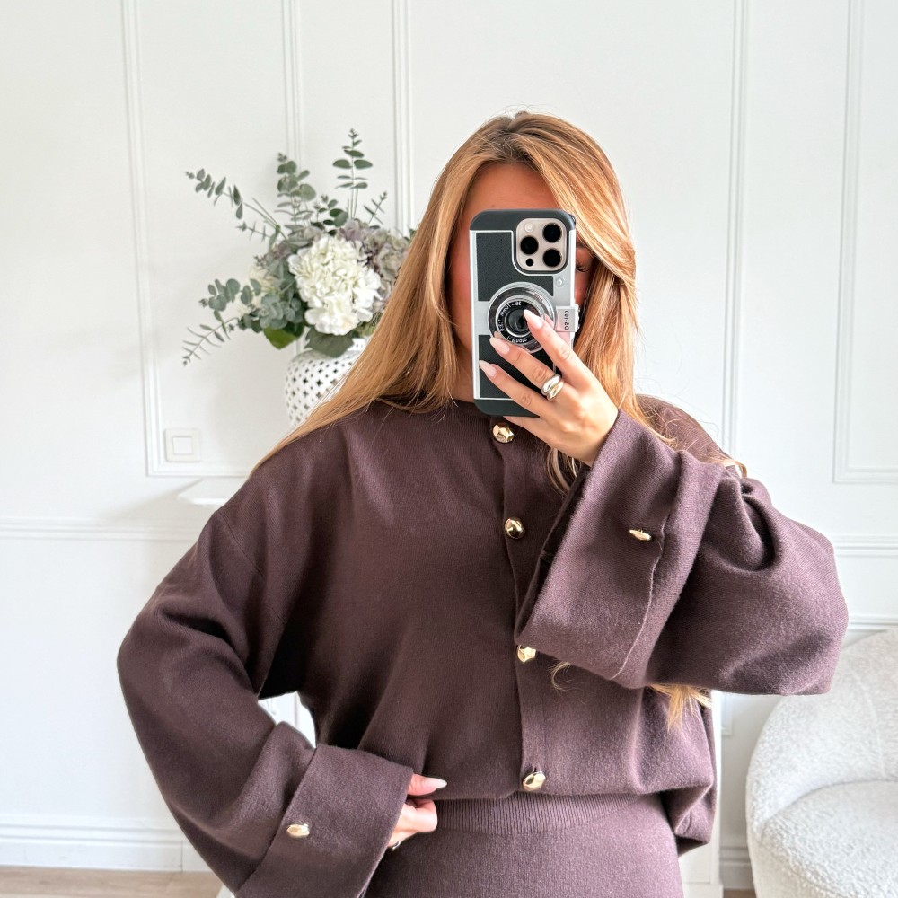 ENSEMBLE CHOCO JUPE ET GILET DETAILS GOLD
