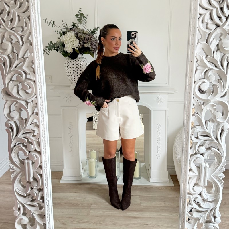 PULL CHOCO BRODERIE FLEURS