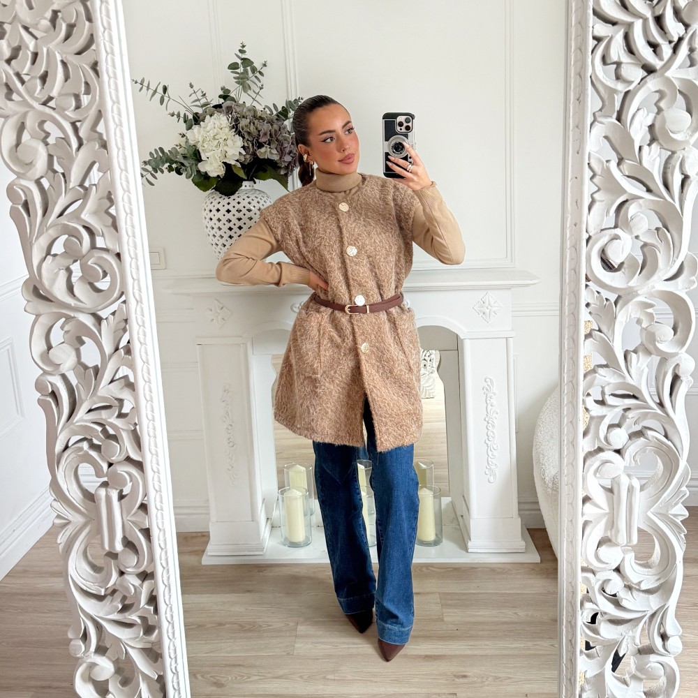 MAXI VESTE SANS MANCHE CEINTURE