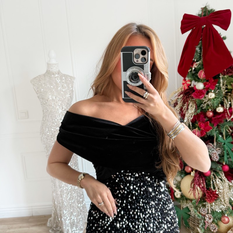 ROBE BLACK CROISÉE SEQUINS ARGENTÉS DIANA