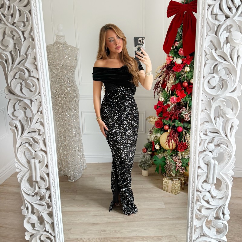 ROBE BLACK CROISÉE SEQUINS ARGENTÉS DIANA