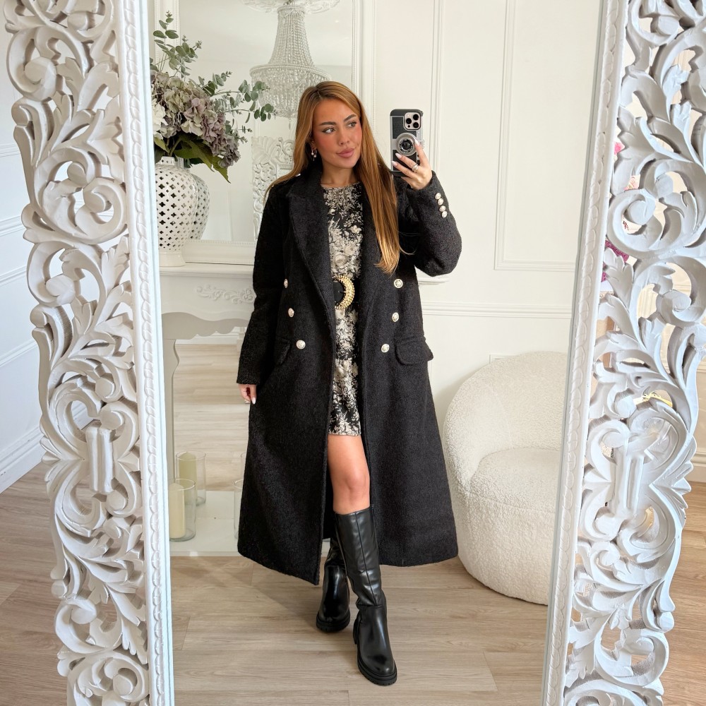 LONG MANTEAU OFFICIER LAINE BOUILLIE BLACK ELLIE